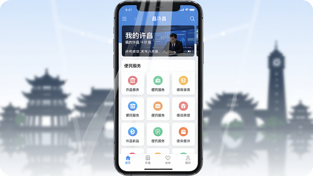 我的许昌客户端整体界面展示图,主体为一部智能手机居中放置,屏幕内清晰呈现我的许昌客户端首页排版,包含顶部新闻轮播、中部便民服务图标网格、底部导航栏,布局简洁有序,排版采用卡片式设计,风格为现代扁平化科技风,细节上屏幕有轻微反光质感,背景为虚化的许昌城市地标建筑剪影,画质高清,干净,无多余元素