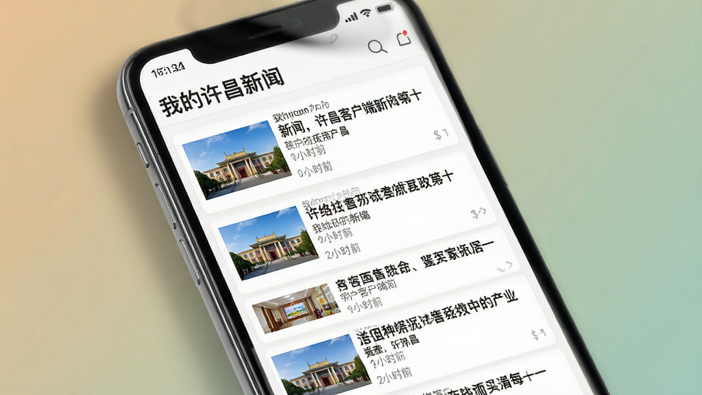 我的许昌客户端新闻资讯页面展示图,主体为手机屏幕特写,屏幕内显示我的许昌客户端新闻列表,标题清晰,带有缩略图和时间戳,布局为纵向列表排版,风格为简洁新闻阅读风,细节上屏幕周围有轻微阴影,背景为纯色渐变,画质高清,干净,无多余元素