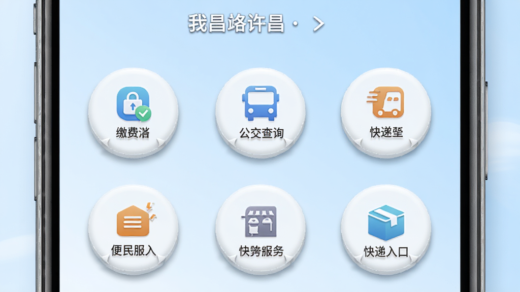 我的许昌客户端便民服务功能展示图,主体为手机界面截图,屏幕内呈现我的许昌客户端便民服务板块,包含缴费图标、公交查询、快递入口等圆形功能按钮,布局为九宫格排列,风格为清新生活风,细节上按钮带有微立体阴影,背景为柔和的浅蓝色渐变,画质高清,干净,无多余元素