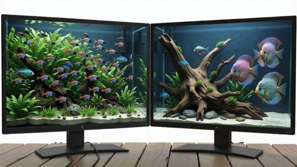一张Dream Aquarium软件的多屏展示效果图,画面分为左右两个显示器,左侧屏幕显示茂密水草造景和一群灯科鱼,右侧屏幕显示沉木景观和几条七彩神仙鱼,布局为并排双屏,风格为写实3D渲染,细节包括屏幕边框、桌面环境、鱼群游动姿态,画质为4K超高清,画面干净无多余元素,无文字