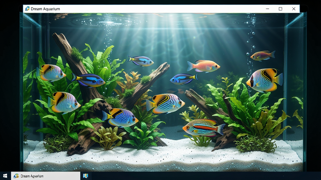 一张精美的电脑桌面截图,画面中央是Dream Aquarium软件运行时的水族箱场景,多条色彩斑斓的热带鱼在翠绿的水草和沉木之间自由穿梭,水底铺着细腻的白色底砂,光线从水面折射下来形成柔和的光柱,整体布局以桌面为主,软件窗口占据屏幕大部分区域,风格写实且梦幻,细节如鱼鳞光泽、水泡、水草叶片纹理清晰可见,画质为4K超高清,画面干净无多余软件图标,无文字水印