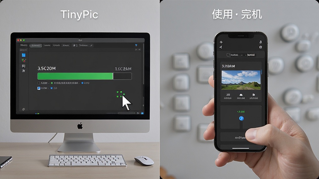 TinyPic软件在电脑和手机上的使用场景对比图,主体为左侧电脑屏幕显示压缩进度右侧手机屏幕显示压缩完成,布局左右分栏,排版简洁,风格为写实科技感,细节包含鼠标指针、手机握持手势和图片大小数值,画质高清,画面干净,无多余元素