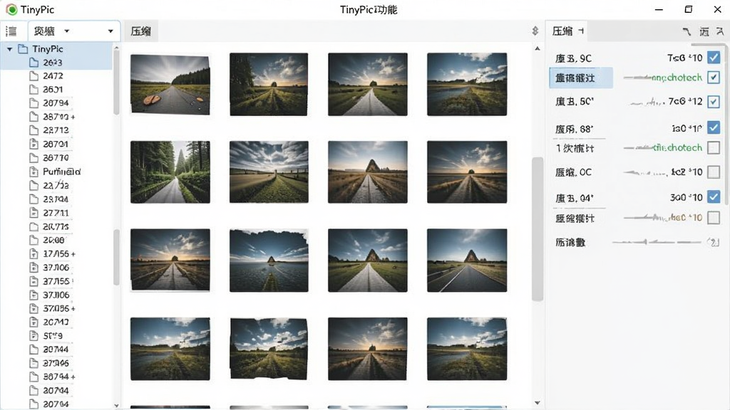 TinyPic软件批量压缩功能界面,主体为多张图片缩略图排列在列表中,布局左侧为文件列表右侧为压缩设置面板,排版整齐,风格为清爽浅色系,细节包含每张图片的压缩前后大小对比和勾选框,画质清晰,画面干净,无多余元素