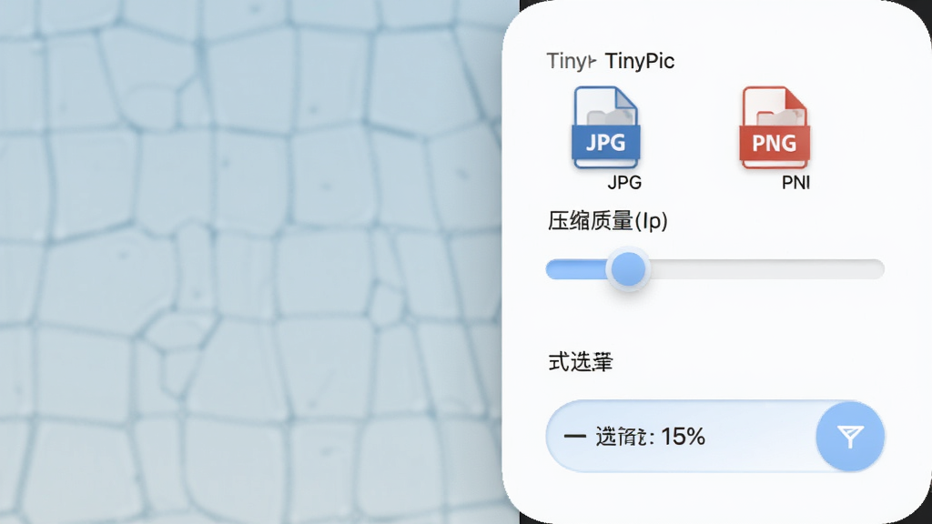 TinyPic软件压缩设置面板,主体为压缩质量滑块和格式选择按钮,布局在界面右侧,排版纵向排列,风格为柔和圆角设计,细节包含JPG和PNG格式图标、质量百分比数字,画质高清,画面干净,无多余元素