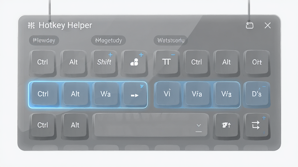一张以Hotkey Helper为主题的AI生图,画面主体为一块悬浮的半透明快捷键面板,面板上整齐排列着Ctrl、Alt、Shift等键位图标,布局采用左右对称结构,风格为简约科技感,细节包含高亮选中的快捷键条目和分类标签,画质清晰,干净无杂物