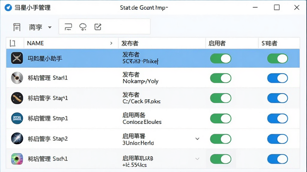 一张展示彗星小助手启动项管理功能的图片,画面中软件界面以表格形式列出多个开机启动程序,每行显示程序名称、发布者和启用状态,右侧有开关按钮可以切换启用或禁用状态,界面简洁明了,风格现代,蓝白配色,画质清晰,无多余元素