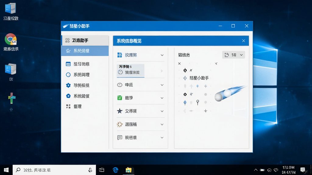 一张展示彗星小助手软件主界面的图片,画面中央是软件窗口,窗口标题显示“彗星小助手”,界面左侧为功能导航栏,右侧为系统信息概览面板,整体采用蓝白配色,风格简洁干净,背景为Windows桌面环境,画质清晰,无多余元素