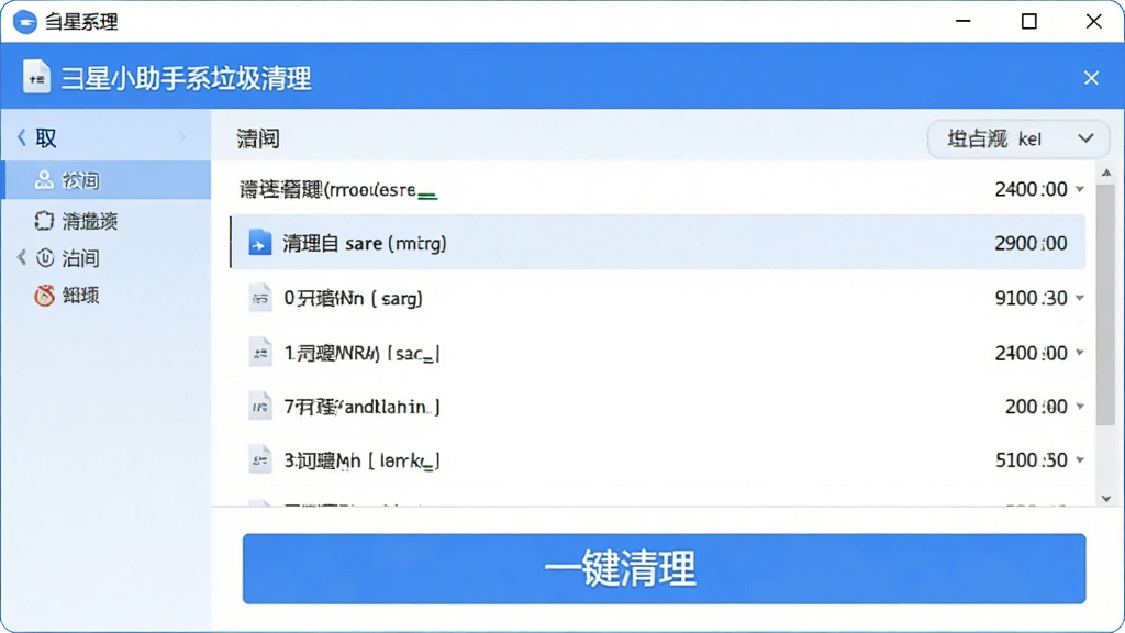 一张展示彗星小助手系统垃圾清理功能的图片,画面中软件界面显示正在扫描系统垃圾文件,列表中有多条待清理项目,每条项目显示文件类型和占用空间大小,界面底部有一个醒目的“一键清理”按钮,整体风格清爽,蓝白配色,画质清晰,干净整洁