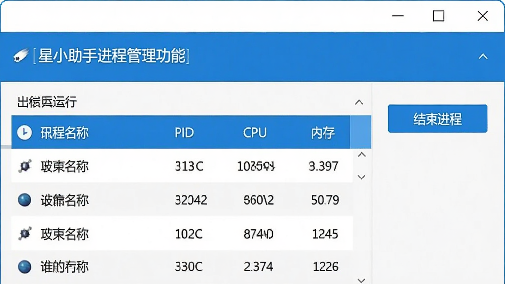 一张展示彗星小助手进程管理功能的图片,画面中软件界面显示当前运行的进程列表,每行包含进程名称、PID、CPU占用和内存占用数据,界面右侧有“结束进程”操作按钮,整体布局清晰,风格简洁,蓝白配色,画质清晰,干净无多余元素