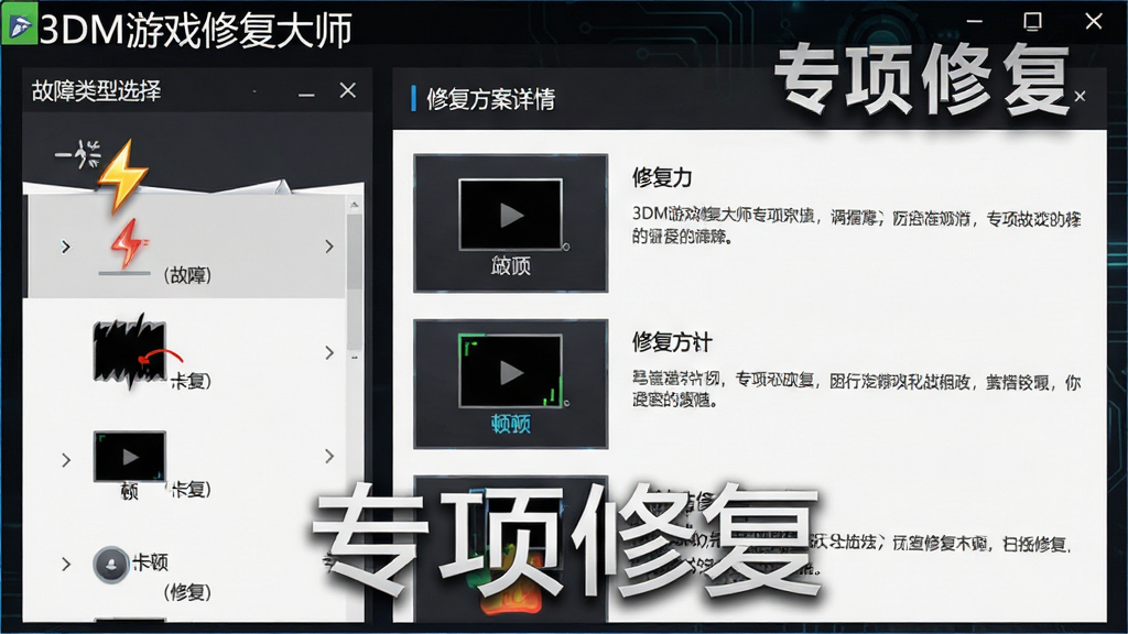 一张展示3DM游戏修复大师专项修复功能的图片,主体为软件专项修复界面,布局为左右分栏结构,左侧为故障类型选择列表,右侧为修复方案详情,排版清晰,风格为暗色系科技风格,细节包括闪退图标、黑屏图标、卡顿图标、修复方案文字说明等元素,画面中出现文字“3DM游戏修复大师”和“专项修复”字样,画质高清,干净,无多余元素