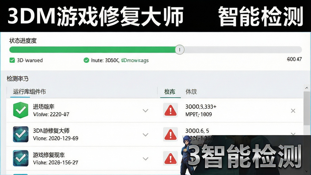 一张展示3DM游戏修复大师智能检测功能的图片,主体为软件检测界面,布局为上下结构,上方为检测进度条和状态提示,下方为运行库组件列表,排版整齐,风格为扁平化设计,细节包括绿色勾选标记、红色警告标记、组件版本号等信息,画面中出现文字“3DM游戏修复大师”和“智能检测”字样,画质高清,干净,无多余元素