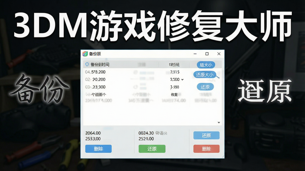 一张展示3DM游戏修复大师备份还原功能的图片,主体为软件备份还原界面,布局为上下结构,上方为备份列表,下方为操作按钮区域,排版简洁,风格为清新浅色系,细节包括备份时间戳、备份大小、还原按钮、删除按钮等元素,画面中出现文字“3DM游戏修复大师”和“备份还原”字样,画质高清,干净,无多余元素