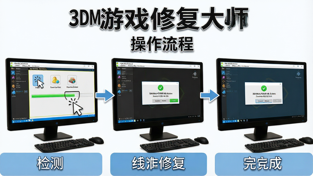 一张展示3DM游戏修复大师操作流程的图片,主体为电脑屏幕上软件的操作界面,布局为分步骤展示,从检测到修复到完成共三个画面,排版横向排列,风格为教程图解风格,细节包括鼠标点击图标、进度条动画、完成提示弹窗等元素,画面中出现文字“3DM游戏修复大师”和“操作流程”字样,画质高清,干净,无多余元素