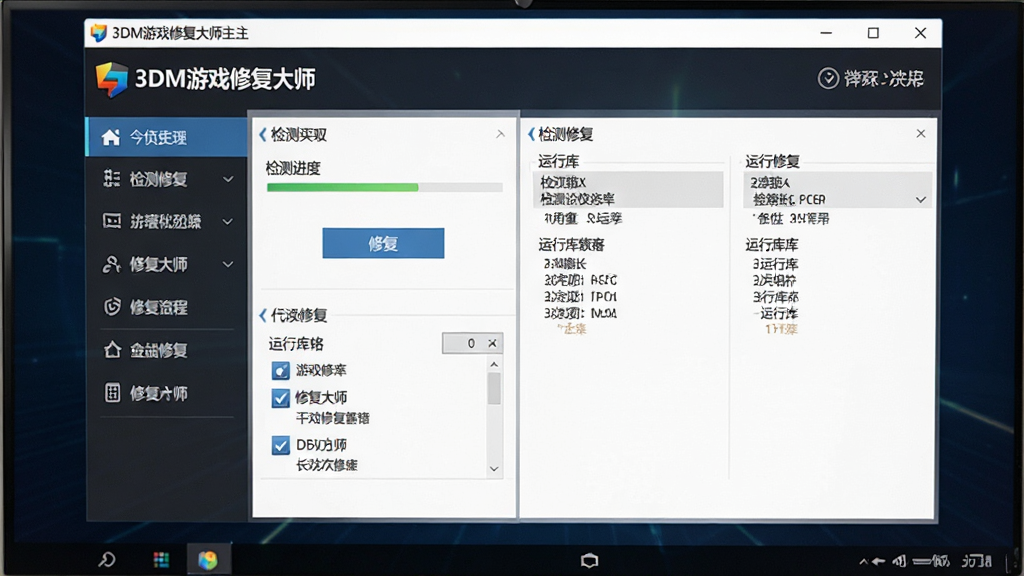 一张展示3DM游戏修复大师软件界面的图片,主体为电脑屏幕上打开的3DM游戏修复大师主界面,布局为软件窗口居中显示,左侧为功能导航栏,右侧为检测修复区域,排版清晰整洁,风格为现代科技感UI设计,细节包括软件logo、检测进度条、修复按钮、运行库列表等元素,画面中出现文字“3DM游戏修复大师”字样,画质高清,干净,无多余元素