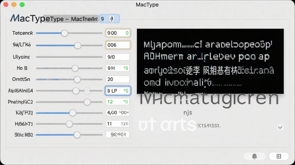 一张展示MacType软件界面截图的图片,画面主体是软件设置窗口,窗口中显示着各种字体渲染参数滑块和预览文字,布局清晰,风格科技感,细节丰富,画质清晰干净,无多余元素