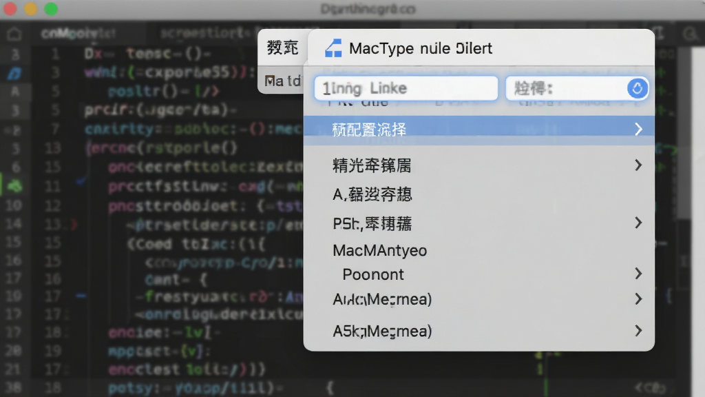 一张展示MacType配置方案列表的图片,画面主体是软件界面中的方案选择下拉菜单,菜单中列出多个配置名称,背景是模糊的代码编辑器,风格简洁专业,细节清晰,画质干净,无多余元素