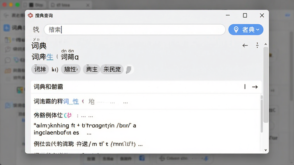 汉语词霸软件主界面全貌展示,主体为词典查询窗口,布局居中,上方为搜索输入框,下方为释义结果展示区,排版整洁清晰,风格为现代简约办公软件风,细节包含汉字拼音标注、词性分类标签、例句展示区域,画质清晰,画面干净,无多余元素