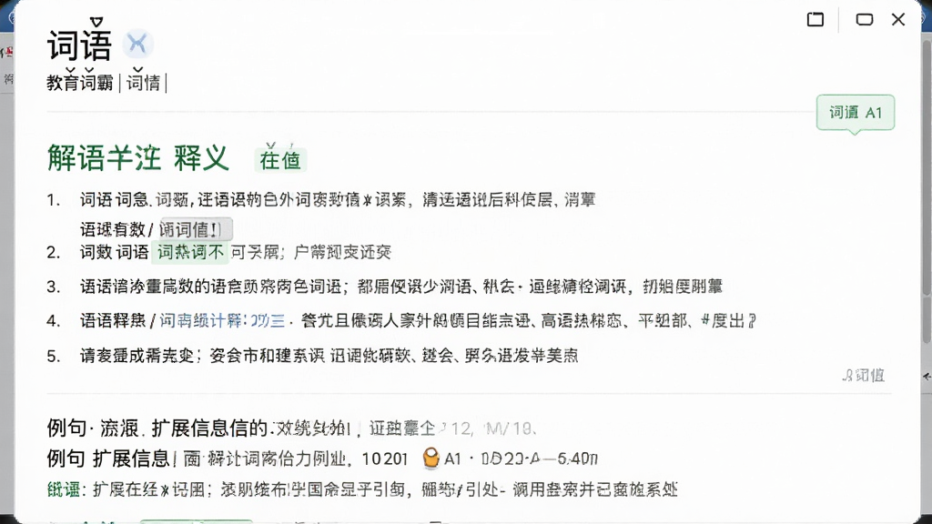 汉语词霸释义详情页展示图,主体为软件界面中单个词语的完整释义卡片,布局为顶部词语与拼音、中部释义分项、底部例句与扩展信息,排版层次分明,风格为教育学习类软件界面,细节包含词性标签、编号列表、引用出处,画质清晰,画面干净,无多余元素