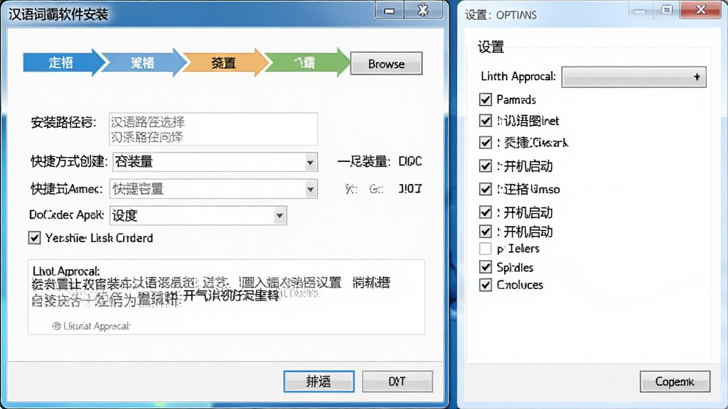 汉语词霸软件安装与设置界面展示图,主体为安装向导窗口与设置选项面板,布局为步骤指示条与复选框列表,排版展示安装路径选择、快捷方式创建、开机启动选项等设置项,风格为Windows安装程序经典界面,细节包含浏览按钮、磁盘容量提示、许可协议勾选框,画质清晰,画面干净,无多余元素