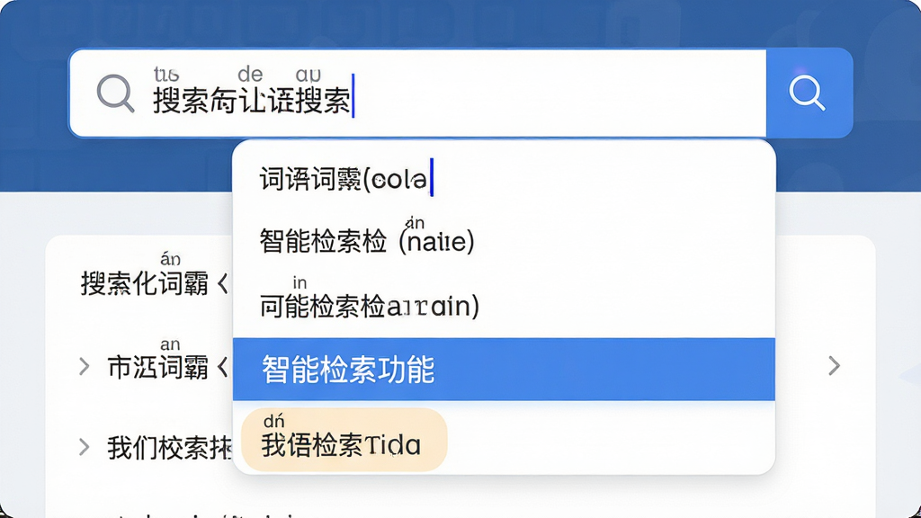 汉语词霸智能检索功能展示图,主体为搜索框与下拉联想词列表,布局为顶部搜索区域与下方候选词面板,排版展示拼音输入触发联想词的交互过程,风格为现代扁平化设计,细节包含输入光标、候选词高亮状态、拼音标注,画质清晰,画面干净,无多余元素