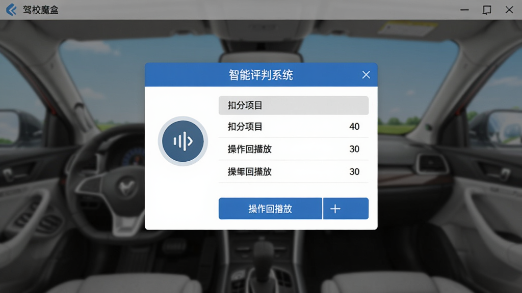 驾校魔盒软件界面截图,展示智能评判系统弹窗,画面中包含语音播报图标、扣分项目列表和操作回放按钮,界面风格简洁,布局清晰,画质干净,无多余元素