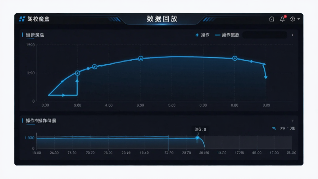 驾校魔盒软件中的数据回放界面,画面展示行驶轨迹曲线图与操作时间轴,界面采用深色背景搭配蓝色高亮线条,风格专业,布局清晰,画质干净,无多余元素
