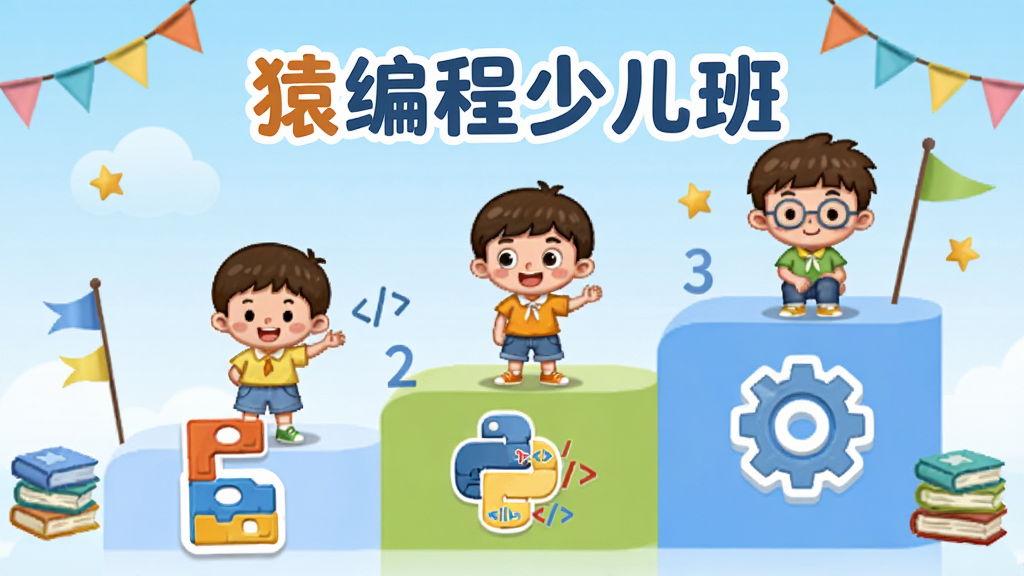 猿编程少儿班分阶课程体系展示图,主体为一条从左到右递进的阶梯式学习路径,阶梯上分别站着不同年龄段的卡通孩子形象,第一级台阶标注图形化编程积木图标,第二级台阶标注Python代码符号,第三级台阶标注算法思维齿轮图标,背景为柔和的天空蓝渐变,画面中央上方用圆润字体写着猿编程少儿班,整体布局为横向排列,风格卡通教育风,细节包括彩色小旗帜、书本和星星装饰,画质清晰干净,无多余元素