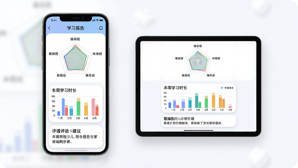 猿编程少儿班学习报告与家长端同步界面,主体为一部智能手机屏幕显示学习报告页面,页面上方是雷达图展示各项能力维度,中间是柱状图显示本周学习时长,下方是文字评语和建议,手机旁边悬浮着一个平板电脑屏幕显示相同的报告内容,整体布局为双设备并列展示,风格简洁现代,细节包括圆角卡片、柔和阴影、彩色数据条,画质清晰干净,无多余元素