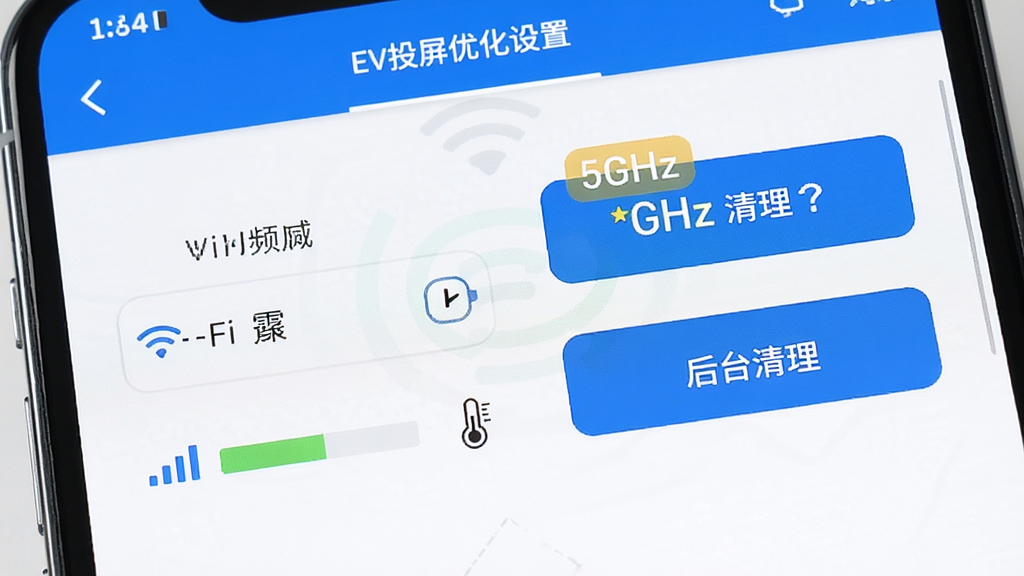EV投屏优化设置界面,主体为手机显示Wi-Fi频段选择与后台清理按钮,布局清晰,排版突出5GHz标签,风格科技蓝调,细节包含信号强度条与温度计图标,画质清晰,干净,无多余元素