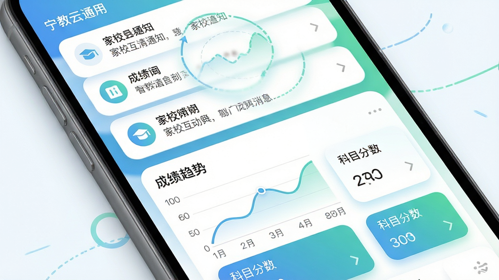 宁教云应用中家校互动与成绩查询功能界面展示图,主体为手机屏幕特写,布局采用上下分层结构,上层显示家校消息通知列表,下层显示成绩趋势折线图与科目分数卡片,排版简洁明了,风格为清新教育风,细节包括圆角卡片、柔和阴影、蓝绿渐变色调,画质高清干净无多余元素