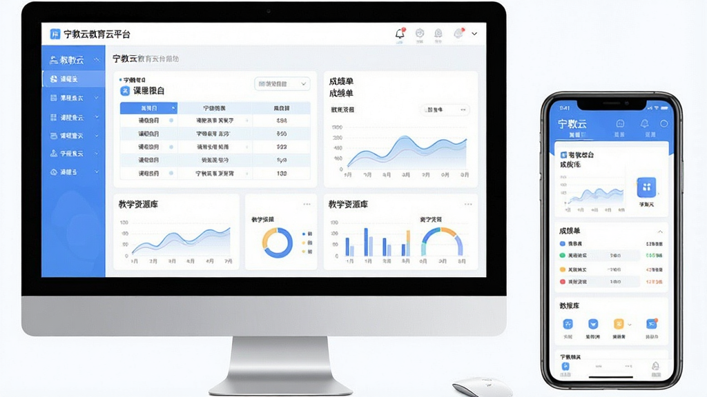 一张展示宁教云教育云平台核心界面的场景图,主体为电脑屏幕与手机屏幕并排显示宁教云应用界面,布局采用居中对称式构图,屏幕中呈现课程表、成绩单、教学资源库等模块,排版清晰有序,风格为现代简约科技风,细节包括柔和的蓝白配色、图标点缀、数据图表元素,画质高清干净无多余元素