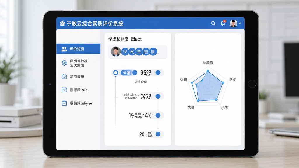 宁教云综合素质评价系统功能界面展示图,主体为平板电脑屏幕,布局采用分栏式设计,左侧为评价维度导航菜单,右侧为学生成长档案时间轴与雷达图,排版规整专业,风格为现代教育科技风,细节包括图标标识、数据可视化图表、卡片式信息展示,画质高清干净无多余元素