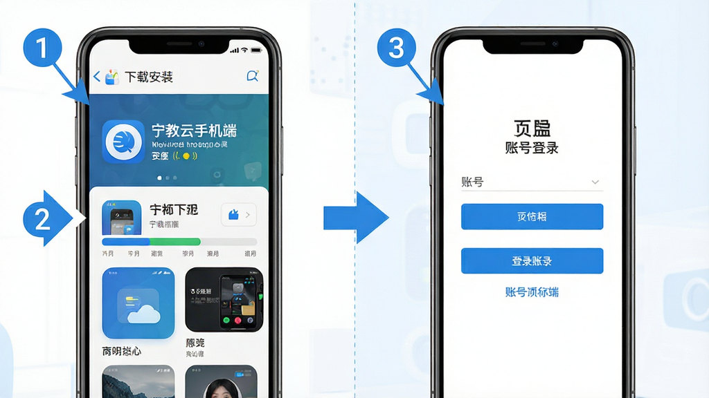 宁教云手机端安装与登录操作步骤示意图,主体为手机屏幕展示安装进度条与登录界面,布局采用左右分镜式构图,左侧显示应用商店下载页面,右侧显示账号登录表单,排版直观易懂,风格为扁平化教程风,细节包括步骤序号标注、箭头引导、蓝白配色,画质高清干净无多余元素