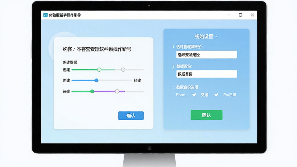 纳客会员管理软件 体验版新手操作引导界面,画面展示软件安装向导与初始设置面板,包含创建管理员账号、选择安装路径、数据备份选项等步骤,整体布局清晰,采用清新浅色风格,细节包含步骤指示条与确认按钮,画质高清,画面干净,无多余元素