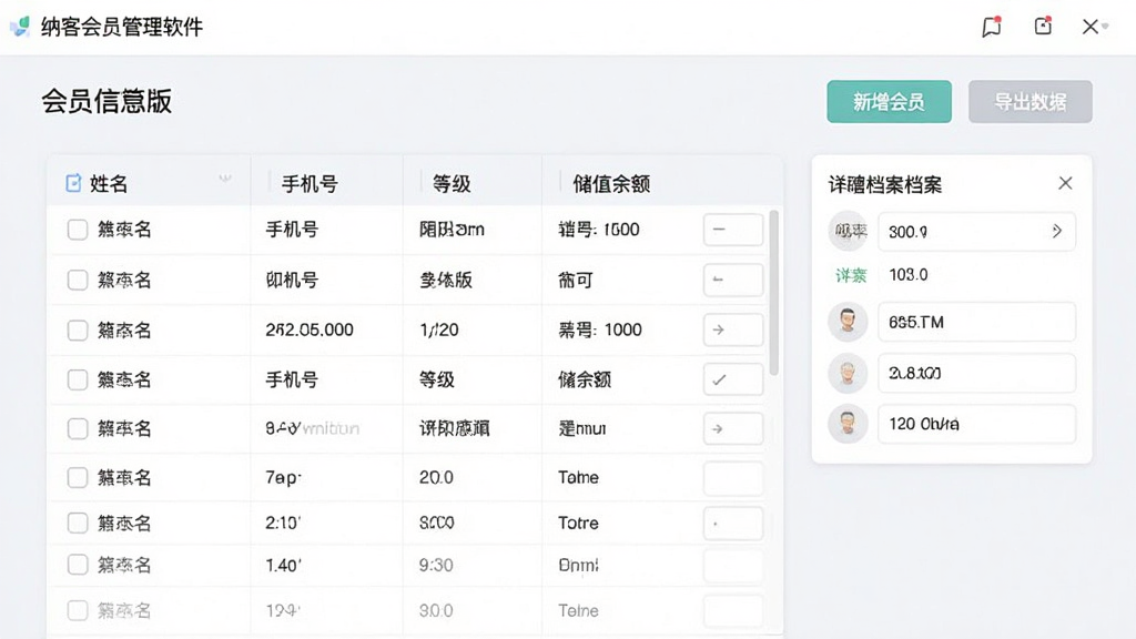纳客会员管理软件 体验版会员信息管理界面,画面中显示会员列表与详细档案卡片,包含姓名、手机号、等级、储值余额等字段,右侧有新增会员与导出数据按钮,整体排版整齐,采用浅色简约风格,细节清晰,画质干净,无多余元素