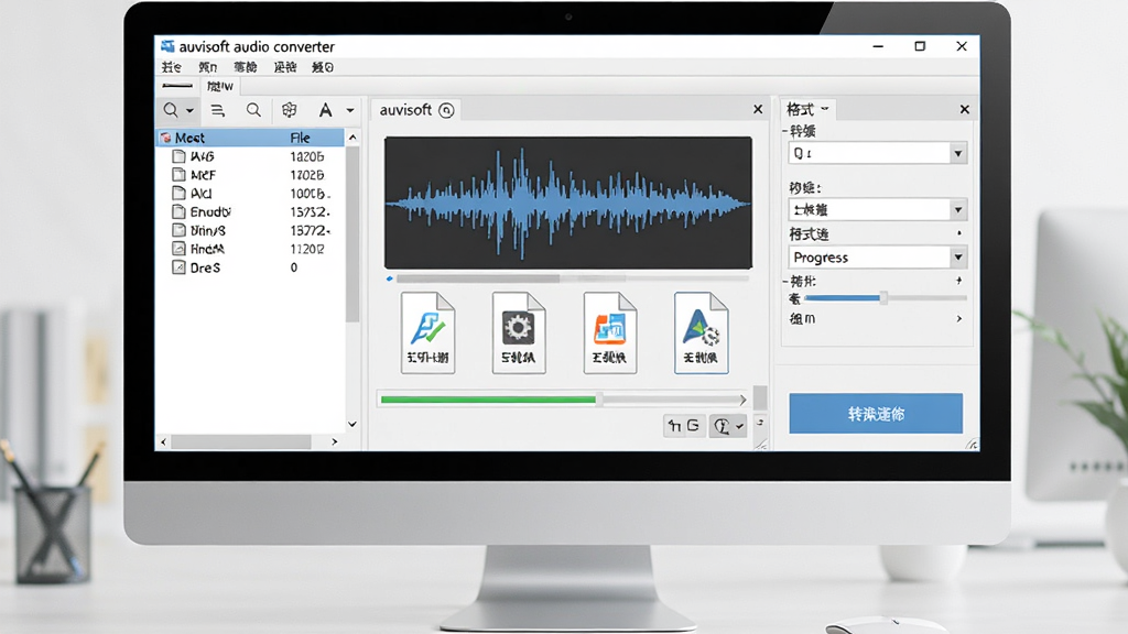 auvisoft audio converter 软件界面全貌,主体为电脑屏幕展示软件主界面,布局包含菜单栏、文件列表区、格式选择面板与转换按钮,排版整齐居中,风格为现代简洁科技风,细节包含音频波形图标、格式图标、进度条,画质高清,干净,无多余元素