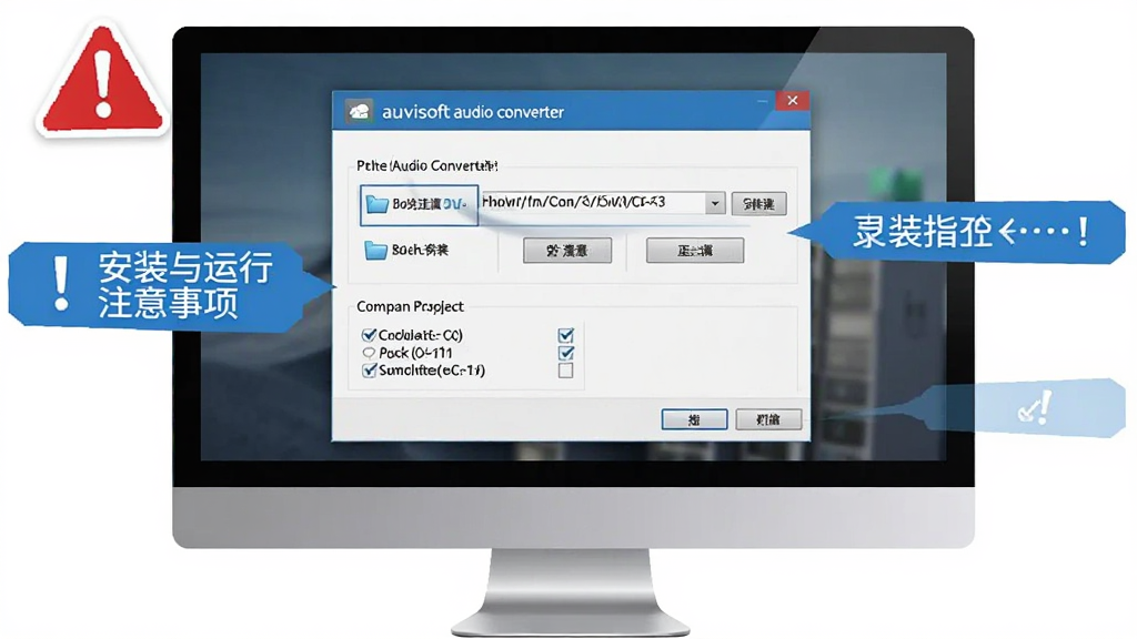 auvisoft audio converter 安装与运行注意事项示意图,主体为电脑屏幕显示安装向导界面,布局包含路径选择框与组件勾选项,排版纵向,风格为教程指引风,细节包含红色警示图标、蓝色提示标签、文件夹路径,画质清晰,干净,无多余元素