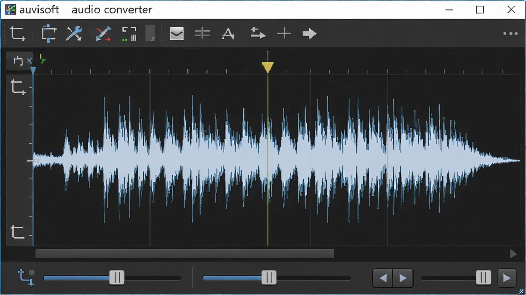 auvisoft audio converter 音频编辑面板,主体为软件界面中的波形编辑区域,布局上方为工具栏,中间为波形图,下方为参数滑块,排版居中,风格为专业工具风,细节包含裁剪标记、音量滑块、淡入淡出按钮,画质清晰,干净,无多余元素