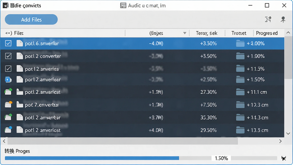 auvisoft audio converter 批量转换功能展示,主体为软件界面文件列表包含多个音频条目,布局上方为添加文件按钮,下方为转换进度条,排版纵向排列,风格为清爽办公风,细节包含勾选框、进度百分比、文件夹图标,画质高清,干净,无多余元素
