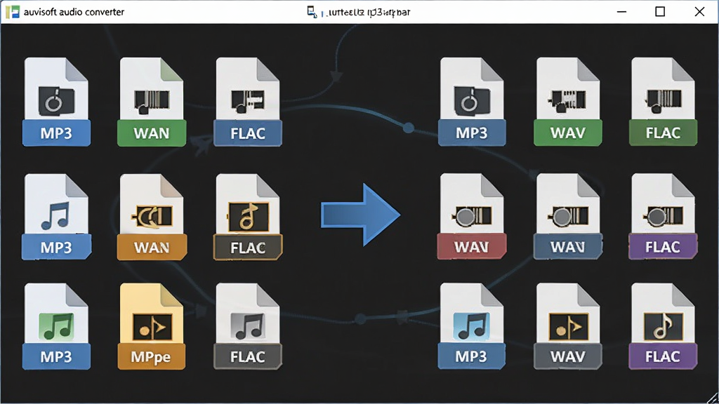 auvisoft audio converter 多格式音频互转场景,主体为软件界面中多个音频文件图标排列,布局左侧为输入格式图标,右侧为输出格式图标,中间有转换箭头,排版横向展开,风格为扁平化科技风,细节包含MP3、WAV、FLAC等格式标签,画质清晰,干净,无多余元素