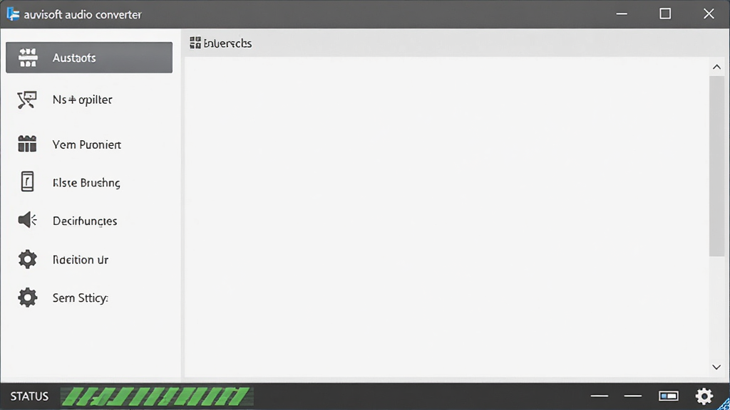 auvisoft audio converter 主界面简洁布局,主体为电脑桌面上的软件窗口,布局左侧为功能导航,右侧为操作主区,排版对称,风格为简约商务风,细节包含图标按钮、状态栏、设置齿轮,画质高清,干净,无多余元素