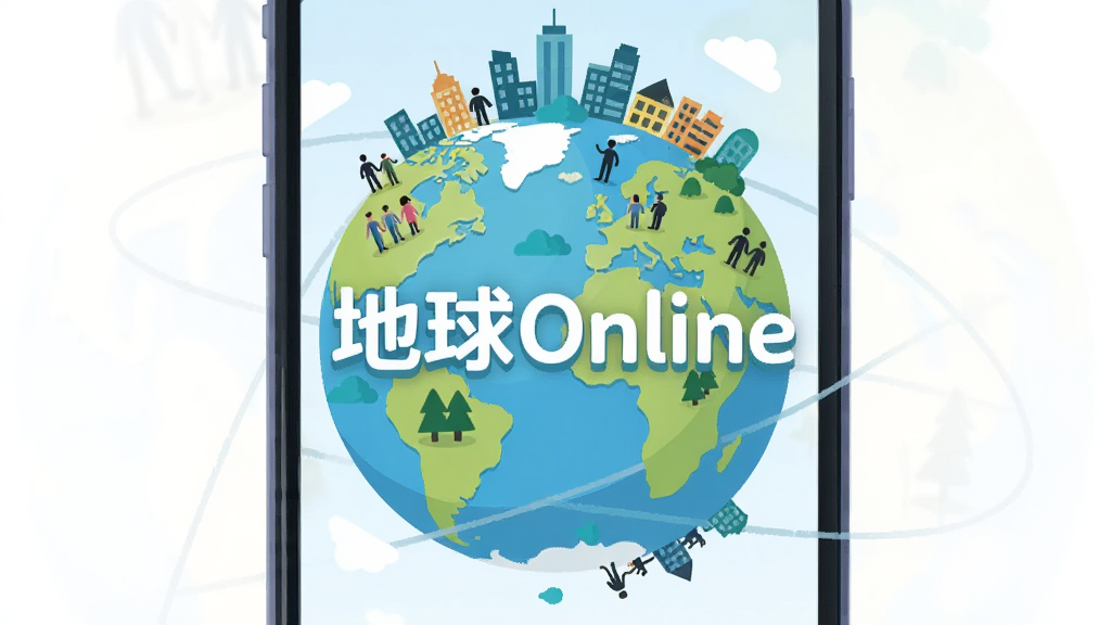 手机屏幕中显示一个卡通风格的地球,地球表面有城市、山川、人物剪影等元素,画面中央有“地球Online”文字标识,整体采用扁平化插画风格,色彩明亮柔和,构图居中,画质清晰干净,无多余元素
