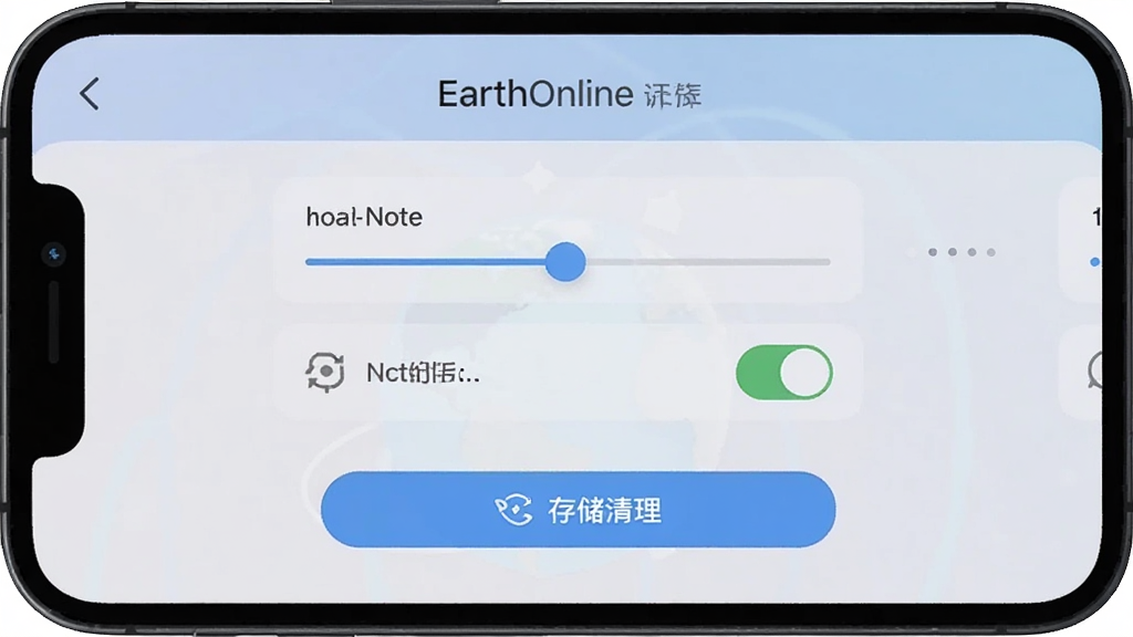 手机屏幕显示地球Online设置界面,有画质调节滑块、通知开关、存储清理按钮等选项,界面风格简洁,配色柔和,画质清晰,无多余装饰