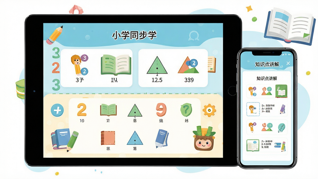 小学数学同步学软件主界面全貌,画面中央展示一台平板电脑和一部手机并排摆放,屏幕中呈现小学数学同步学的教材选择页与知识点讲解页,布局清晰分为上下两层,排版整齐有序,风格为清新教育类扁平插画,细节包含数字、几何图形、卡通铅笔与课本元素点缀,画质高清、画面干净、无多余元素
