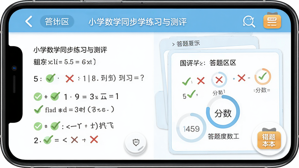 小学数学同步学练习与测评页面,画面主体为手机屏幕展示练习题与答题卡,布局为左右分栏,左侧为题目区右侧为答题区,排版整洁清晰,风格为清爽学习类界面风格,细节包含对勾、错号、分数圆环与错题本图标,画质高清、画面干净、无多余元素