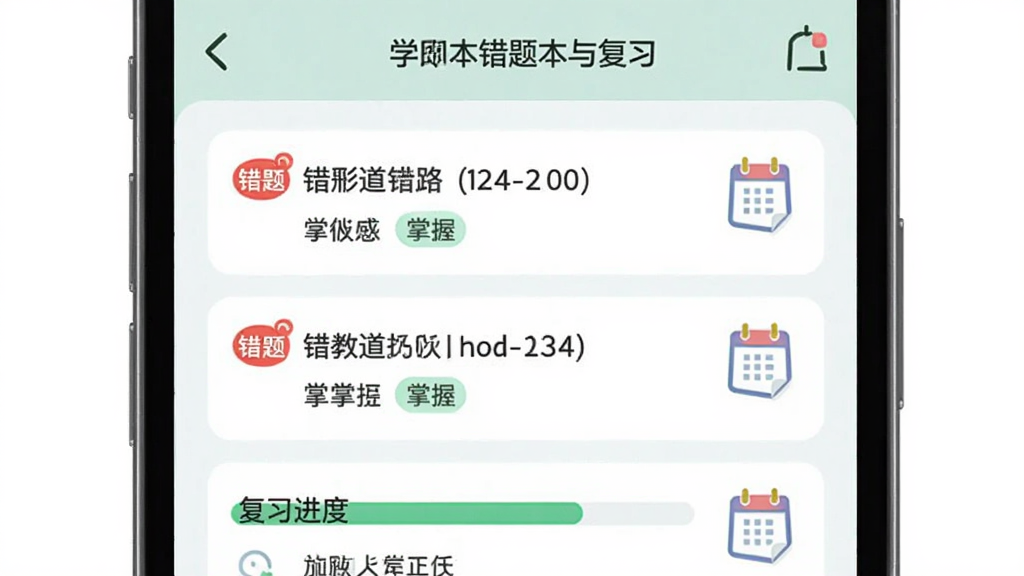小学数学同步学错题本与复习提醒界面,画面主体为手机屏幕展示错题列表与复习进度条,布局为上下结构,排版采用列表式设计,风格为柔和清新的教育类UI风格,细节包含红色错题标记、绿色掌握标签与日历提醒图标,画质清晰、画面干净、无多余元素