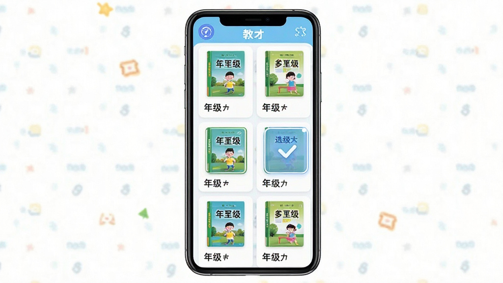 小学数学同步学教材版本选择界面,画面主体为一块竖屏手机屏幕,屏幕中展示多个教材版本卡片整齐排列,布局为上中下三区,排版采用卡片式网格设计,风格为明亮活泼的教育类UI风格,细节包含课本封面缩略图、年级标签与选中高亮效果,画质清晰、画面干净、无多余元素