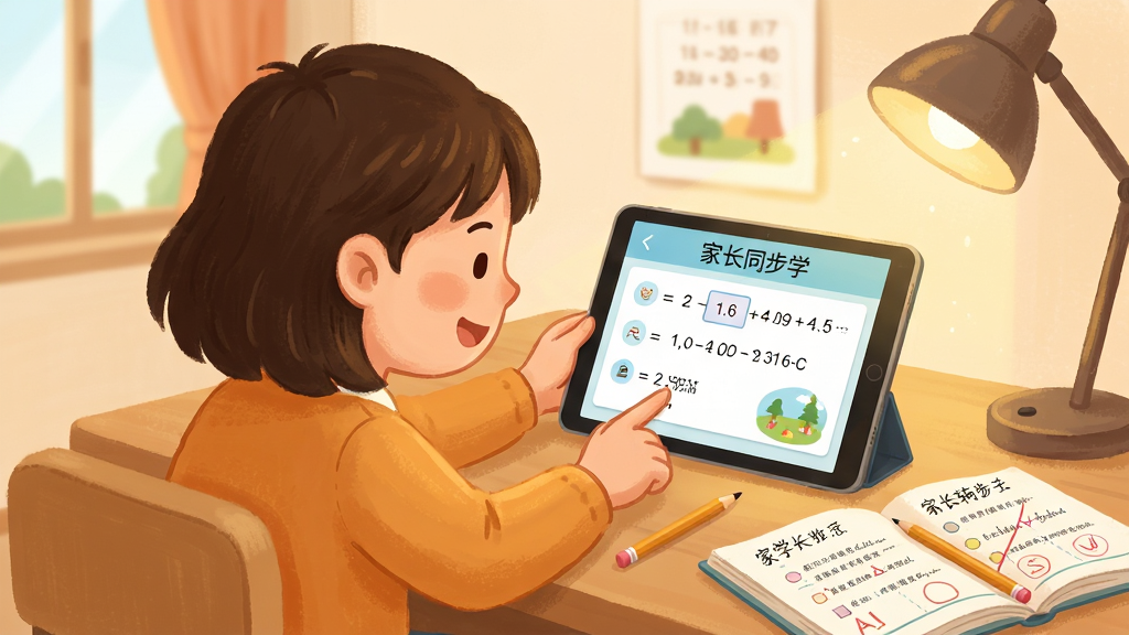 小学数学同步学家长辅导孩子使用场景,画面主体为家长与孩子一起看平板电脑,屏幕上显示小学数学同步学的知识点讲解页面,布局为人物在左屏幕在右,排版自然生活化,风格为温馨家庭插画风格,细节包含课本、铅笔、错题本与温馨灯光,画质高清、画面干净、无多余元素