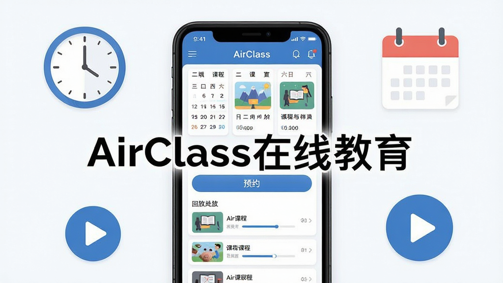 一张展示AirClass在线教育课程预约与回放功能的界面示意图,画面中央为手机屏幕,屏幕上显示课程日历、预约按钮和回放列表,屏幕周围环绕着时钟、日历和播放按钮图标,画面中带有