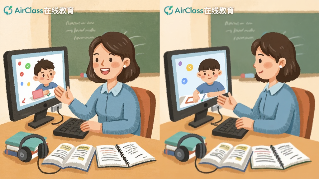一幅展示AirClass在线教育一对一外教课堂场景的插画,画面主体为一位外教老师坐在电脑前微笑授课,屏幕另一端是一位正在认真听讲的学生,桌面上摆放着课本和笔记本,画面中带有